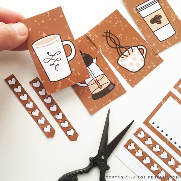 Looking for FREE printable planner stickers to spice up your planning game? Check out these coffee themed designs that you can download and print from home. #plannerstickers #planners #kenarry