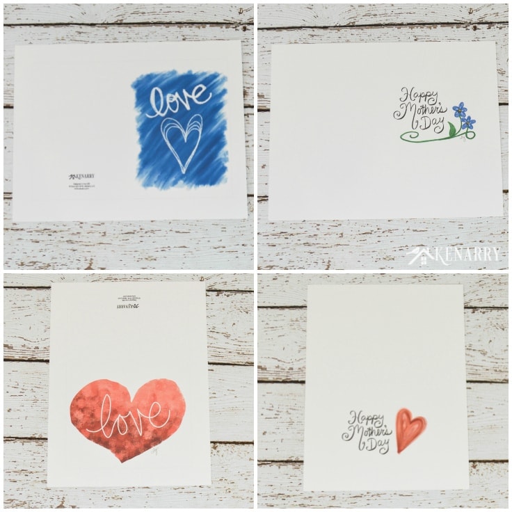 Two free printable mother's day cards spread out. You can see what it looks like out of the printer before you fold them. 