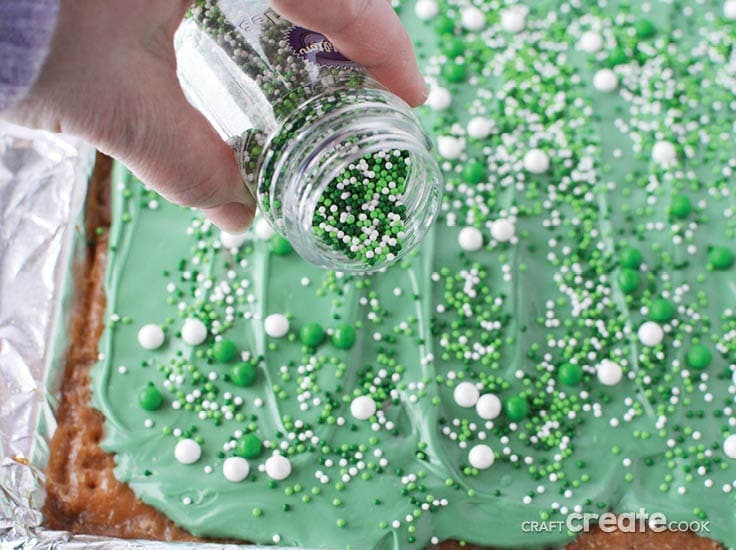 St. Patrick's Day saltine crackers toffee treat with green and white sprinkles