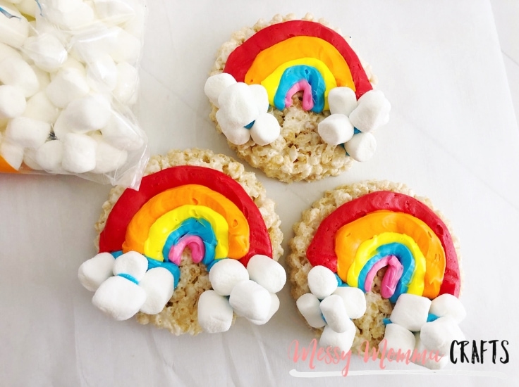Marshmallows can be clouds on a rainbow Rice Krispie treat. 