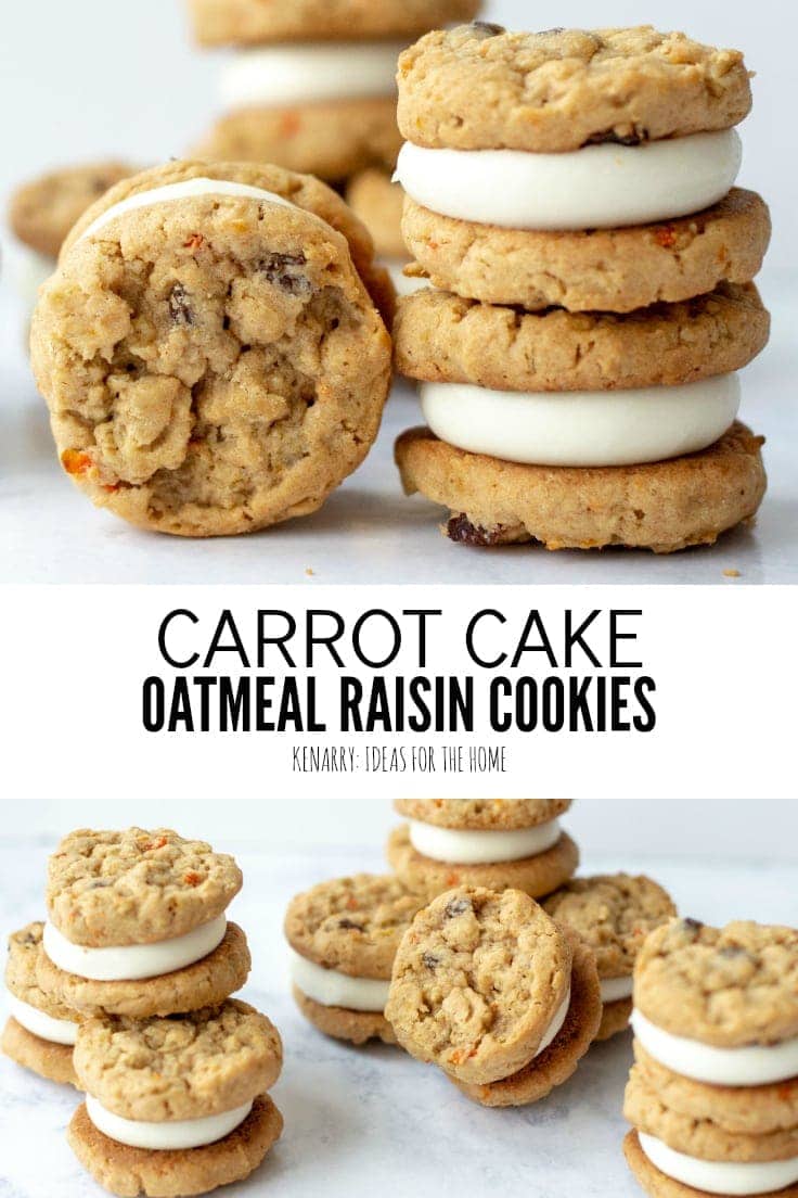Title on Image: Carrot Cake Oatmeal Raisin Cookies from Ideas for the Home by Kenarry®. Carrot cookies are stacked on top of one another. Each one of these easy spring desserts is a small sandwich with cream cheese frosting in the center.