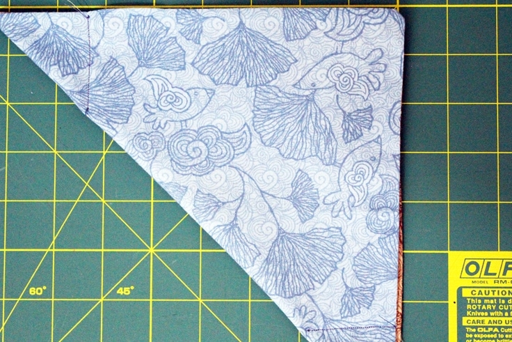 one half of the fat quarter tray corners sewn to create a triangle
