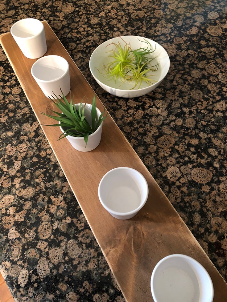 Putting plants inside the cups for the DIY wall planter. 