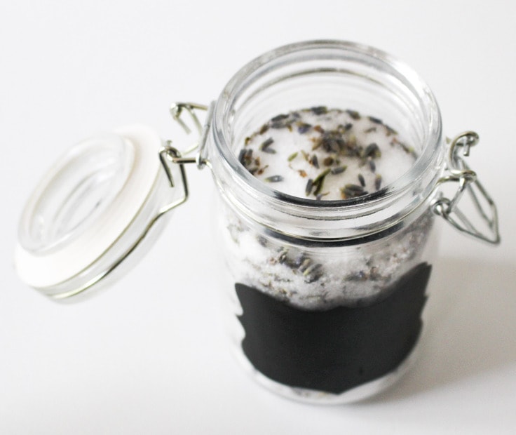 lavender sugar scrub in chalkboard jar