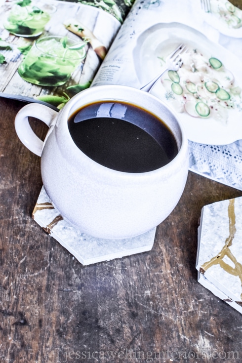 image of coffee mug sitting on diy kintsugi tile coaster