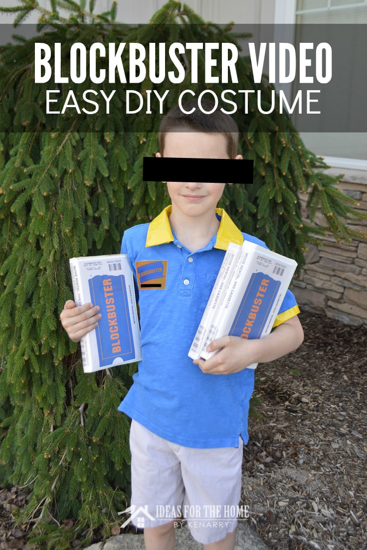Blockbuster Video Easy DIY Costume, kid wearing a blue short sleeved collared shirt trimmed with bright yellow wearing a Blockbuster Video name tag and holding VHS tapes for a 90s Halloween costume