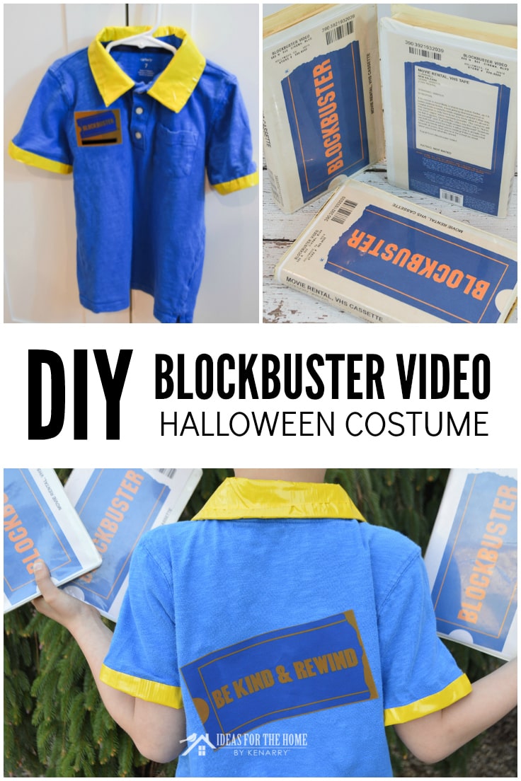 DIY Blockbuster Video Halloween Costume, photo collage shows the front and back of a blue polo style short-sleeved shirt trimmed with yellow color and cuffs, along with vintage VHS tapes emblazoned with the Blockbuster Video logo.