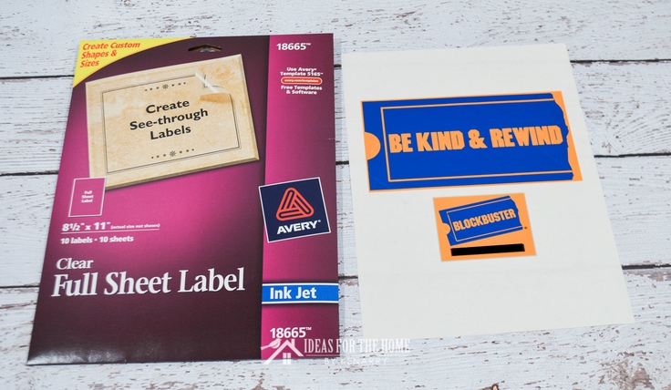 Clear full sheet label pages used to make the logos on the front and back of the Blockbuster video shirt