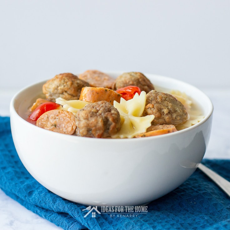Meatball soup with bow tie pasta, turkey sausage and red peppers
