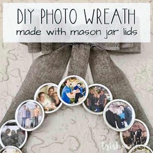 Photo wreath made with mason jar lids from Trish Sutton.
