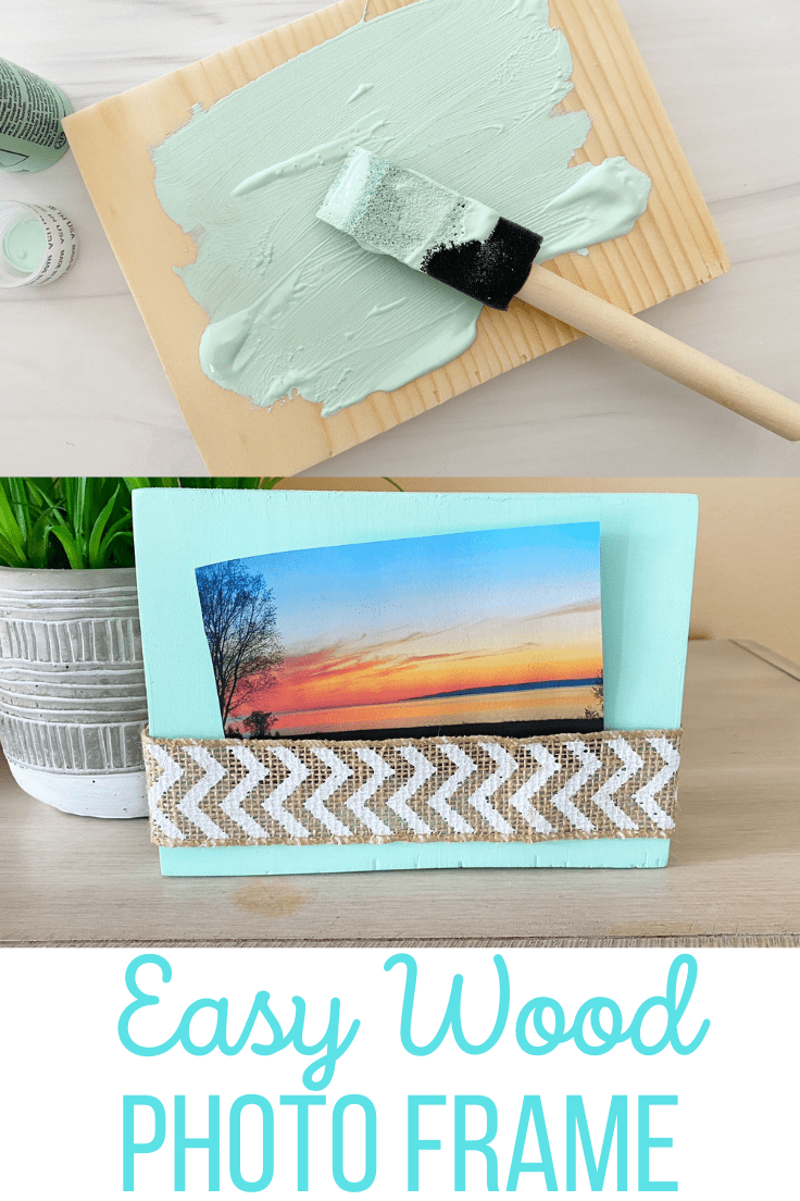 Easy wood photo frame painted green with a burlap ribbon holding a picture of a sunset.